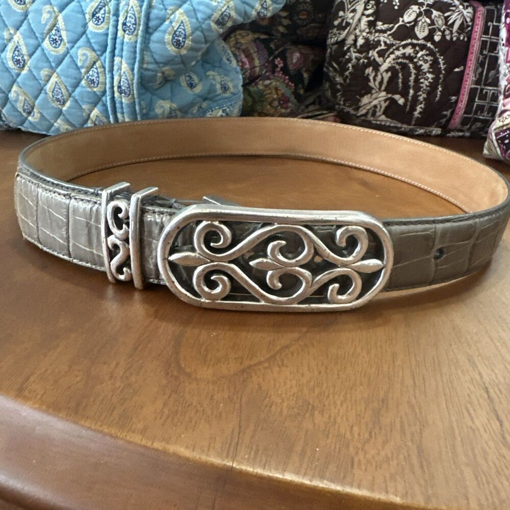 Brighton Chateau Grey Leather Croc Belt Silver Plated Belt Buckle B1062P size 32